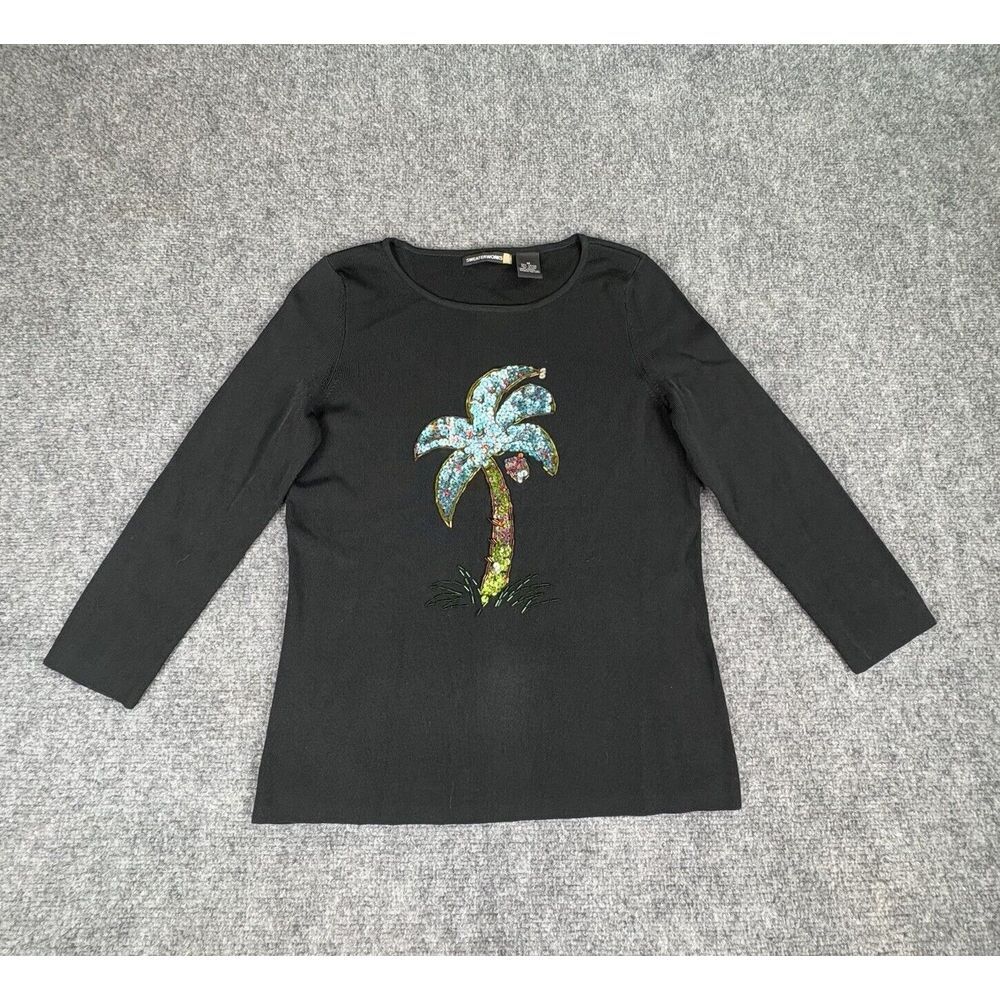 Vintage Y2K Sweaterworks Top M Beaded Sequins Palm Tree Boho Beach Artsy Resort